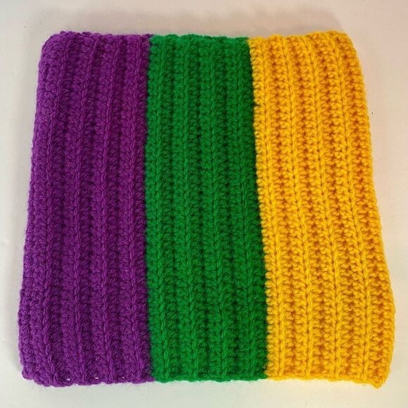 Purple Green & Gold Mardi Gras Colors Handmade Crochet Cat Ear Beanie Hat - Picture 5 of 10